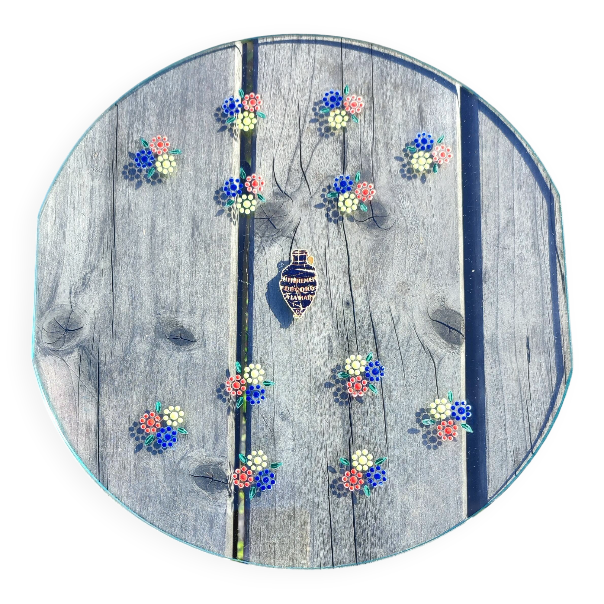 Vintage glass platter – Cold enamel floral painting "Handmade"