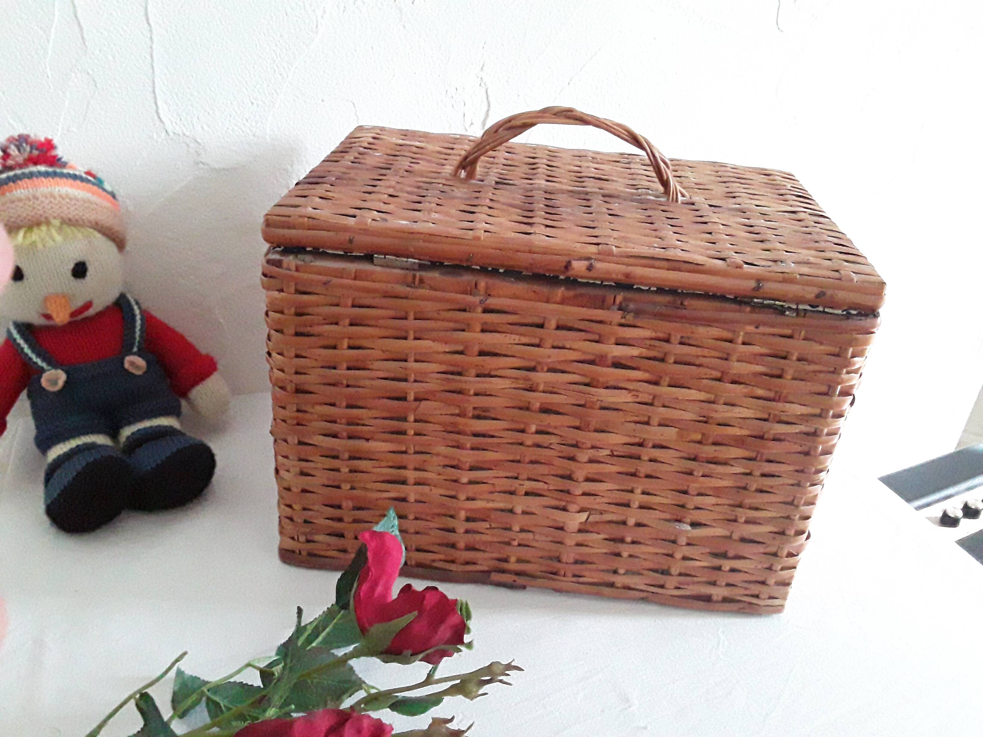 Vintage rattan suitcase trunk basket with lid