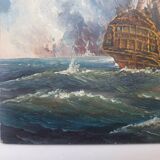 Painting battleship engaged in naval combat world war 2