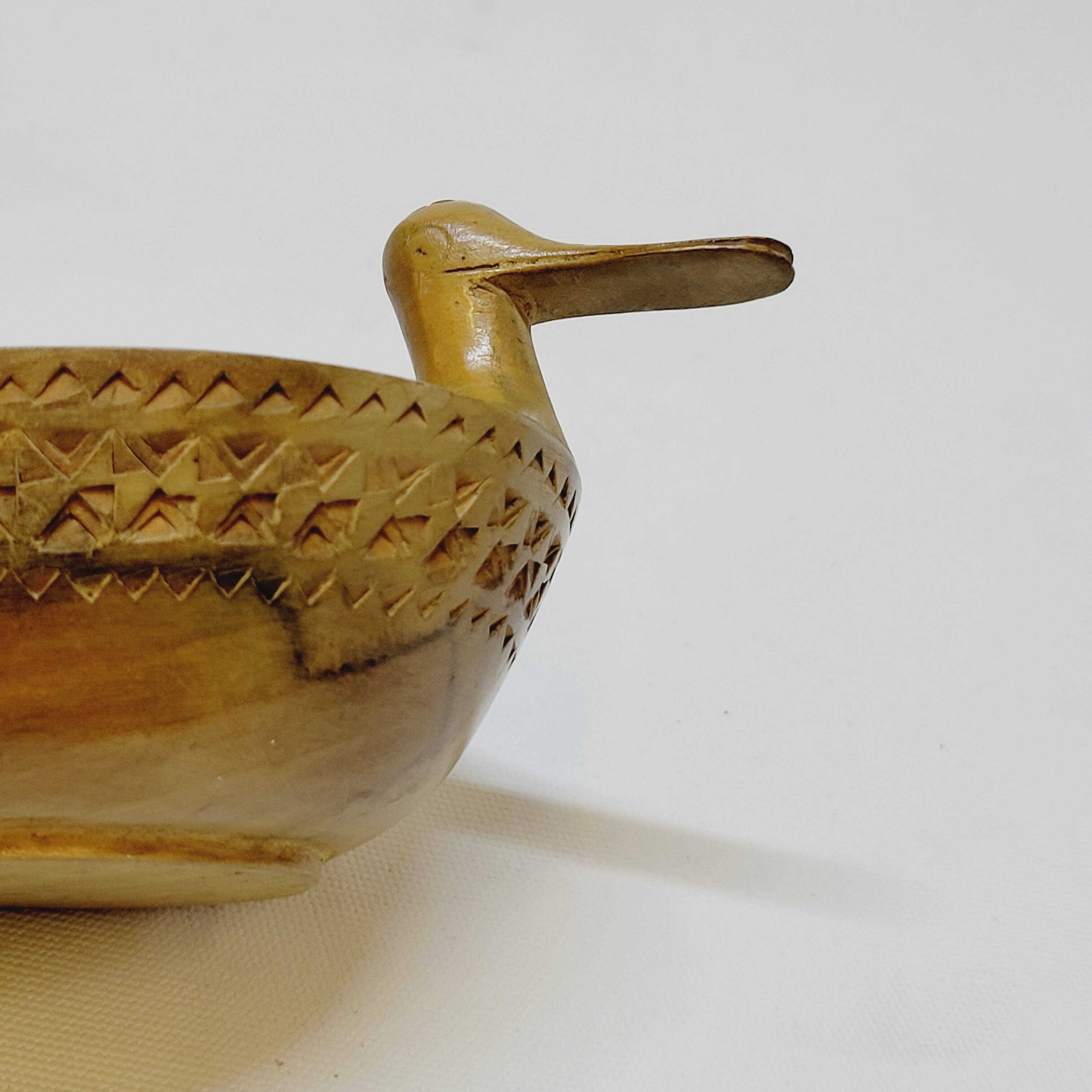Scandinavian Duck Shaped Carved Wooden Bowl Folk Art