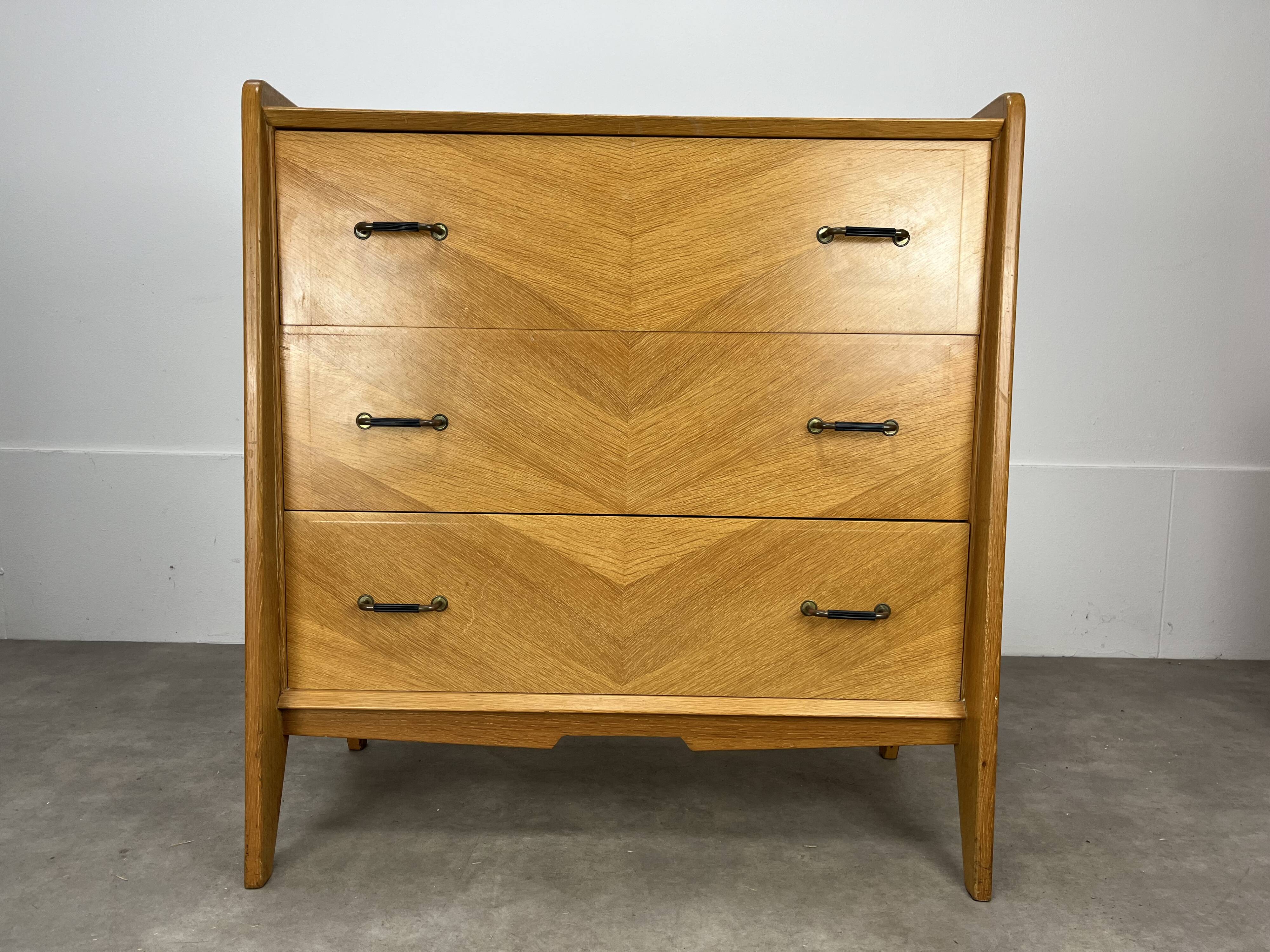 50s chest of drawers with blond wood compass feet