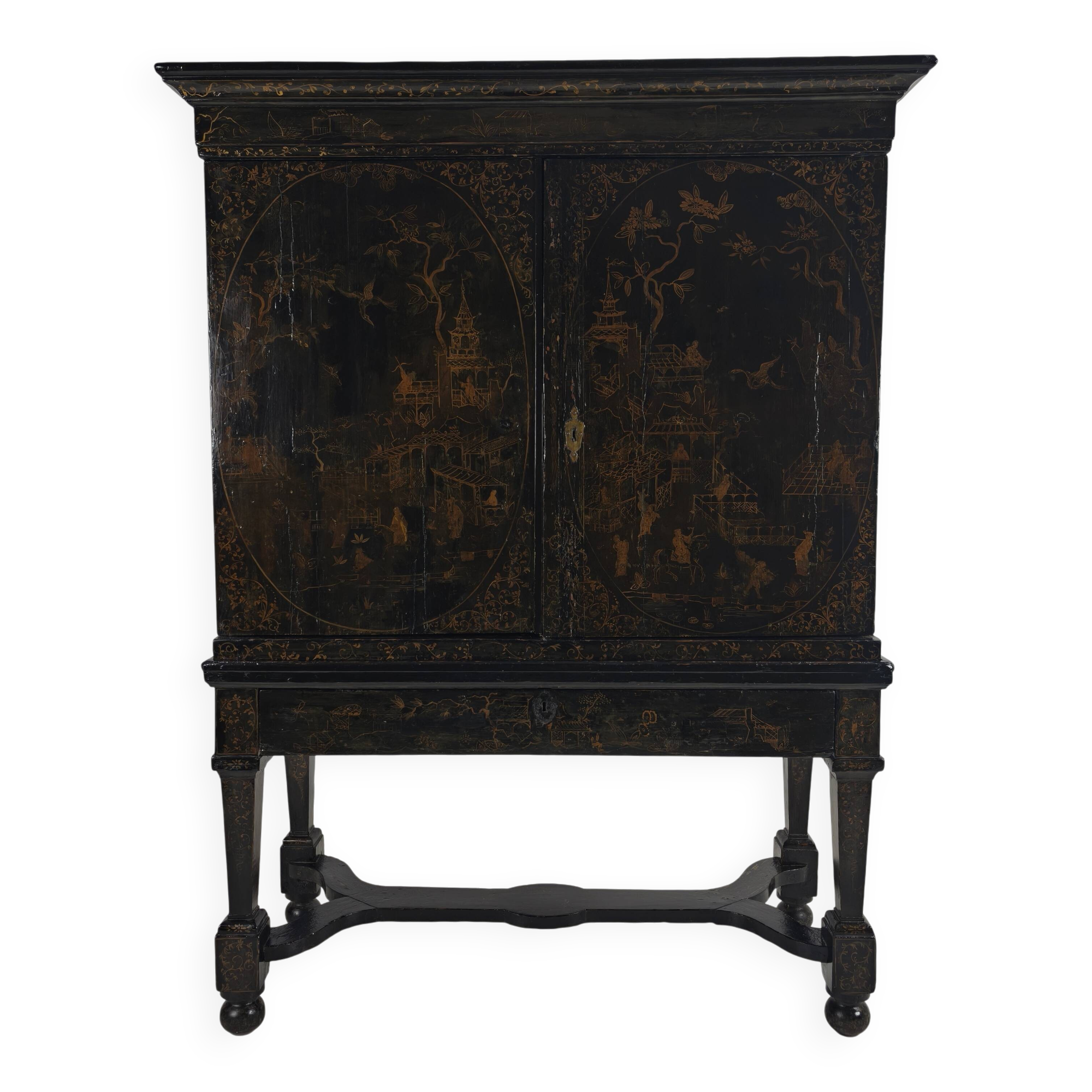 A rare early 18th-century Dutch japanned chinoiserie cabinet, circa 1700