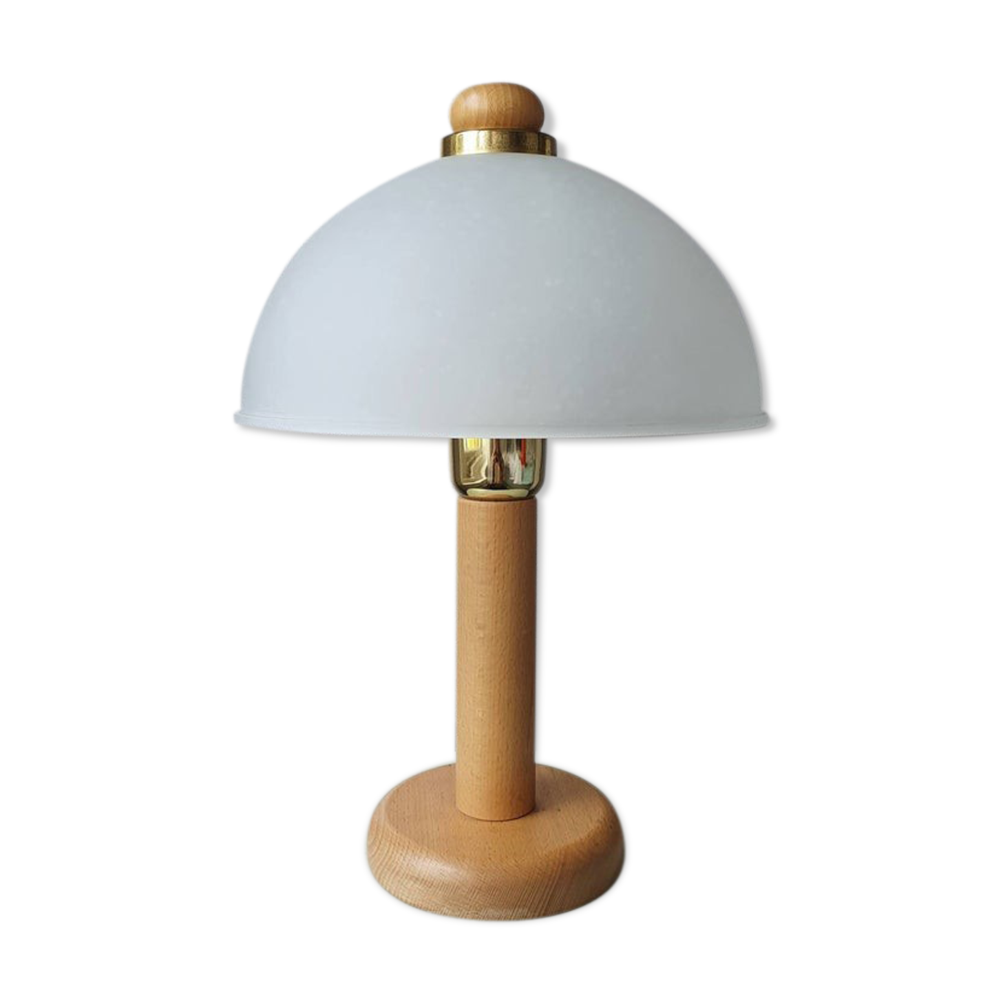 Vintage wooden table lamp with 1980 glass lampshade