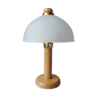Vintage wooden table lamp with 1980 glass lampshade