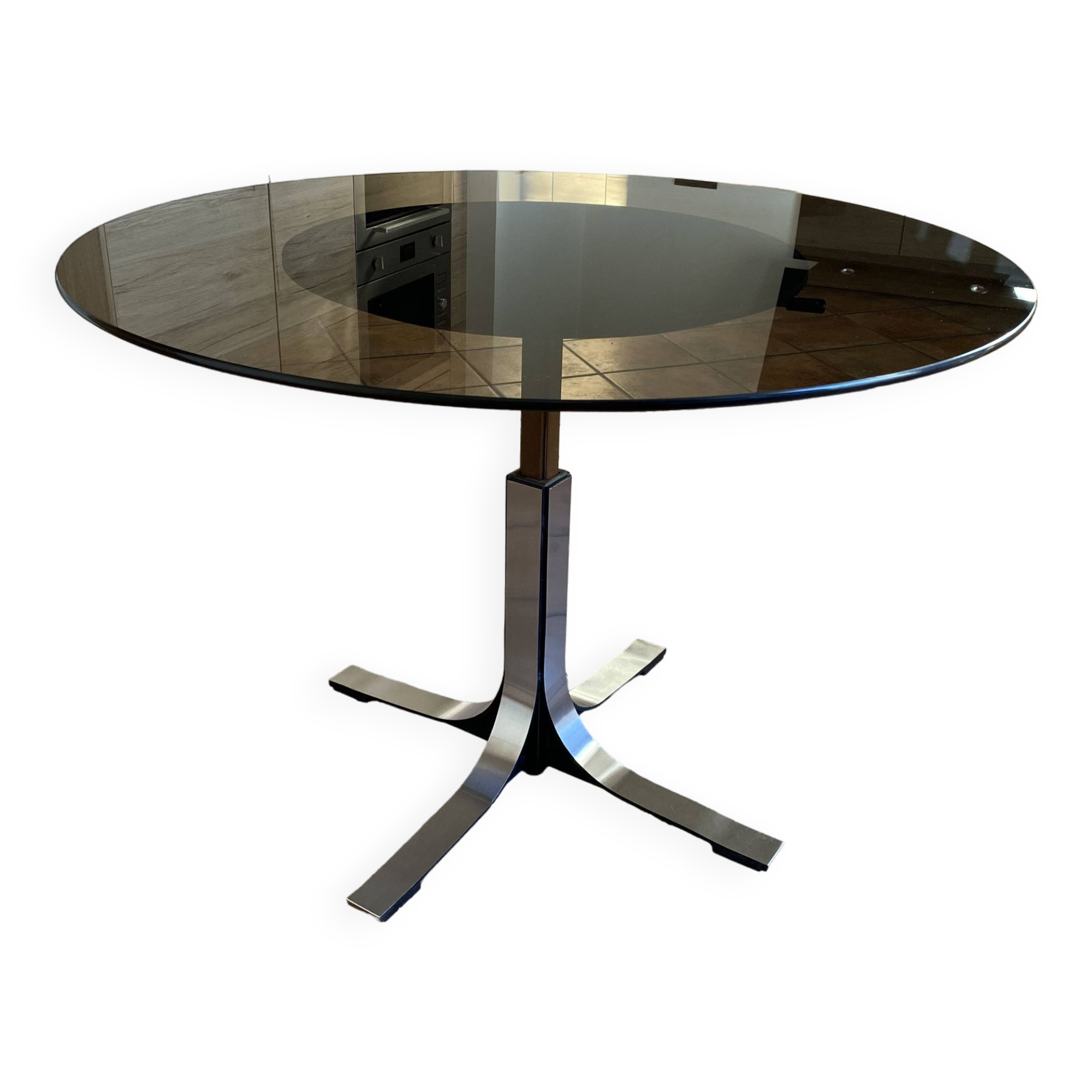 Modular vintage table. 1970. Stainless steel and glass. Italy.