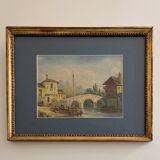 Watercolor on paper boat anchored near a bridge 19th century gilded frame