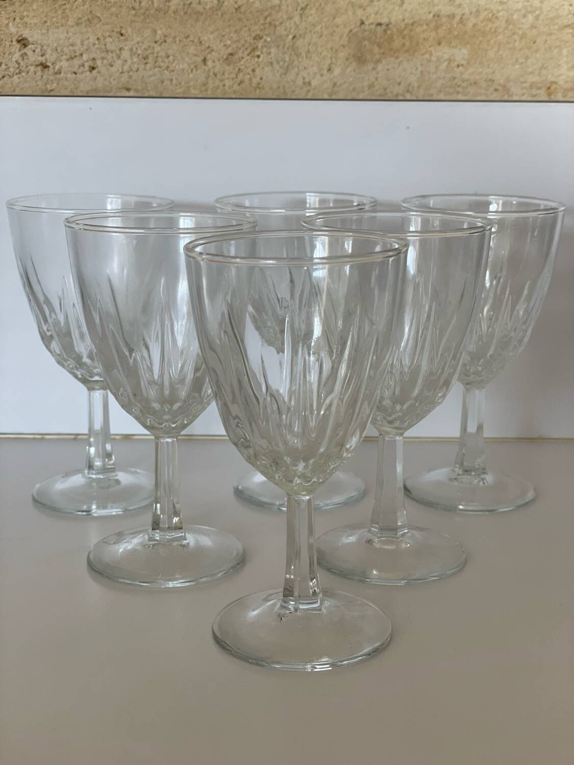 6 white wine glasses with fluted stems, made in France