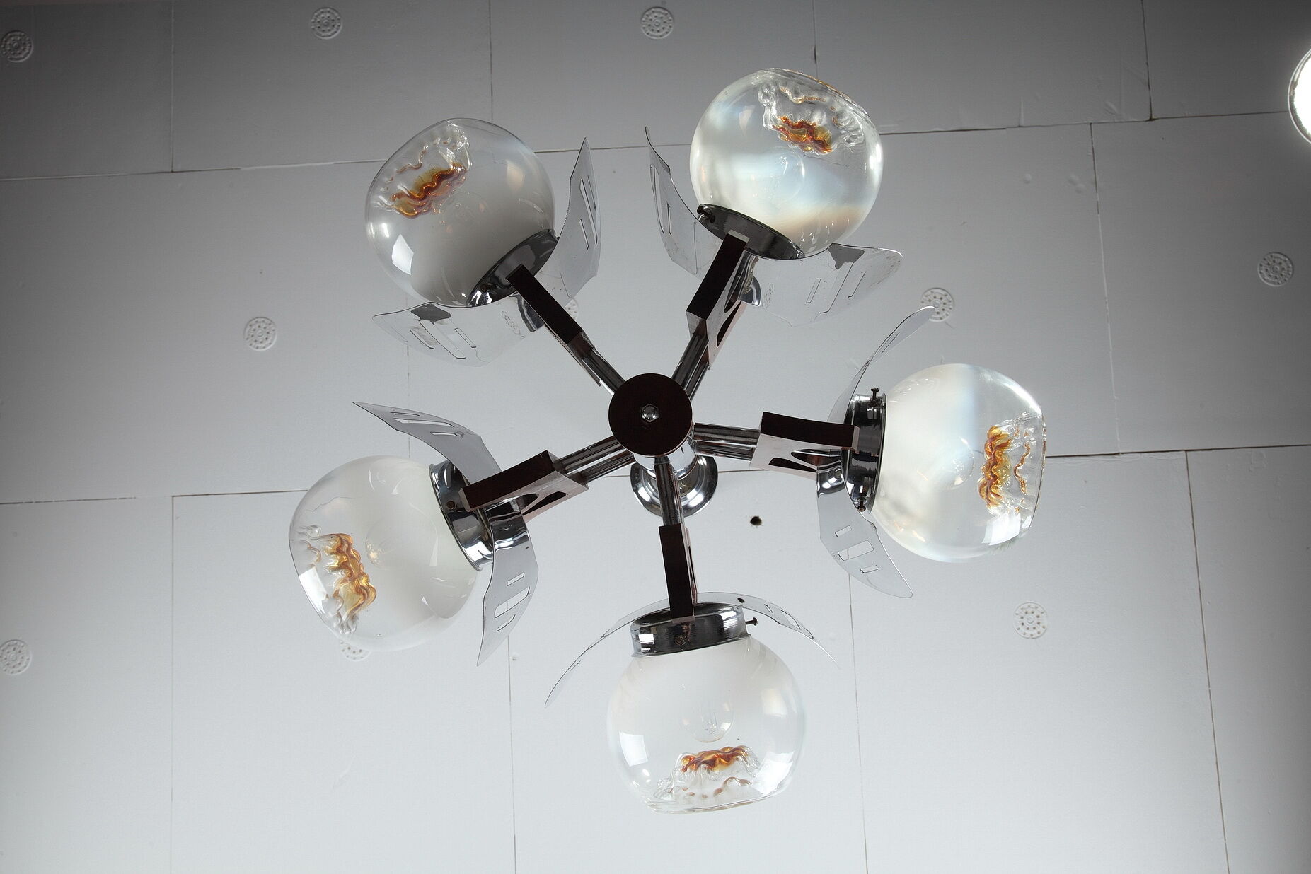 Mazzega chandelier in murano glass, chrome and wood, 1970's