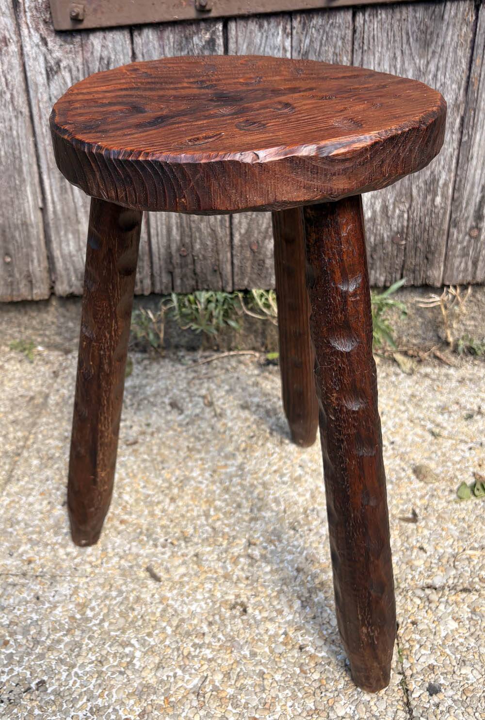 Rustic Tripod Stool in Solid Wood, Brutalist Style, Early 20th Century