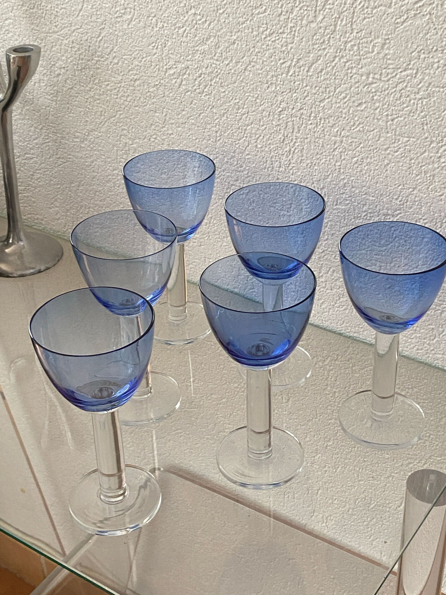 Six two-coloured wine or cocktail glasses.