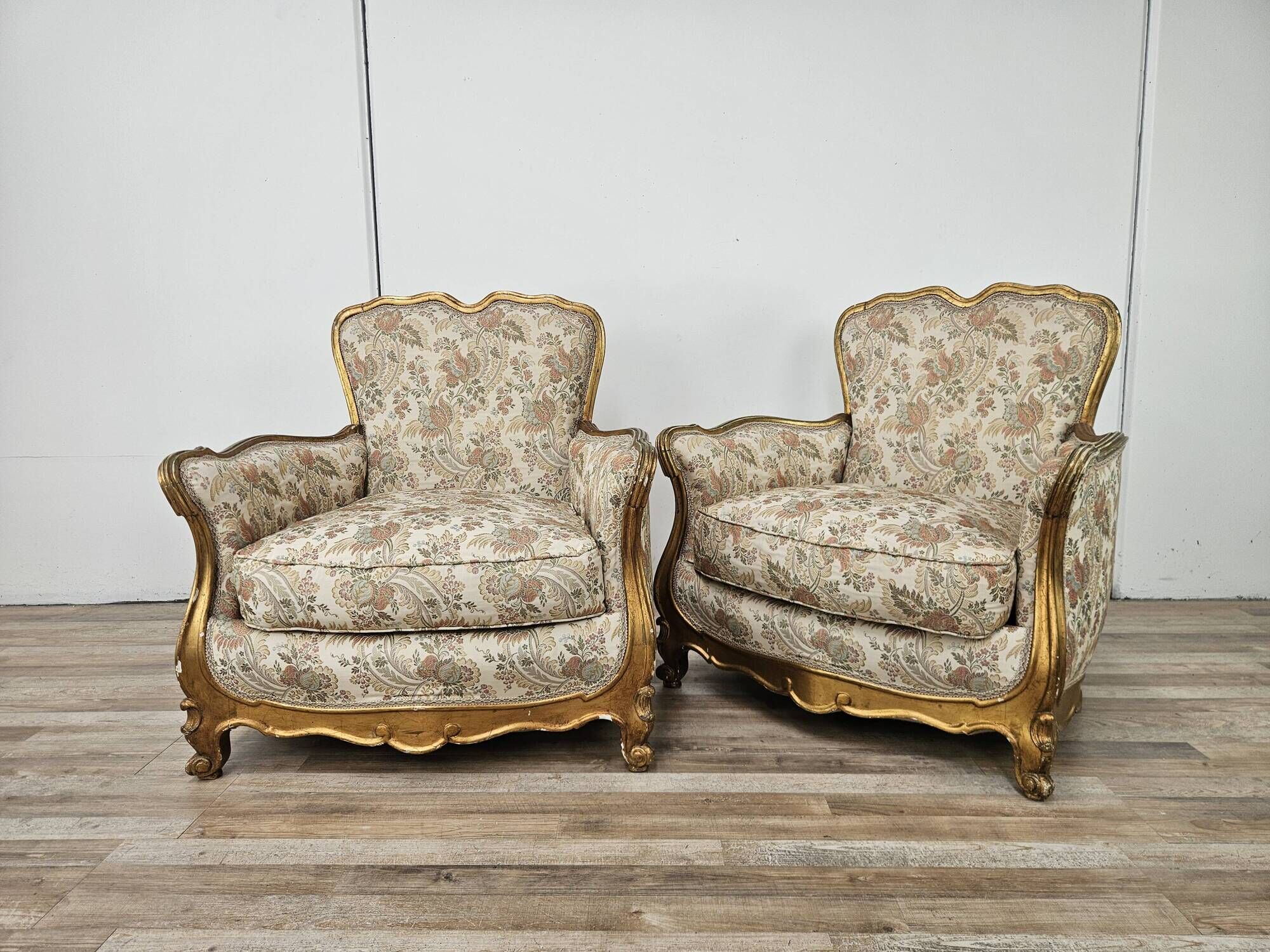 20th Century Italian Baroque Style Bergère Armchairs in Carved and Gilded W
