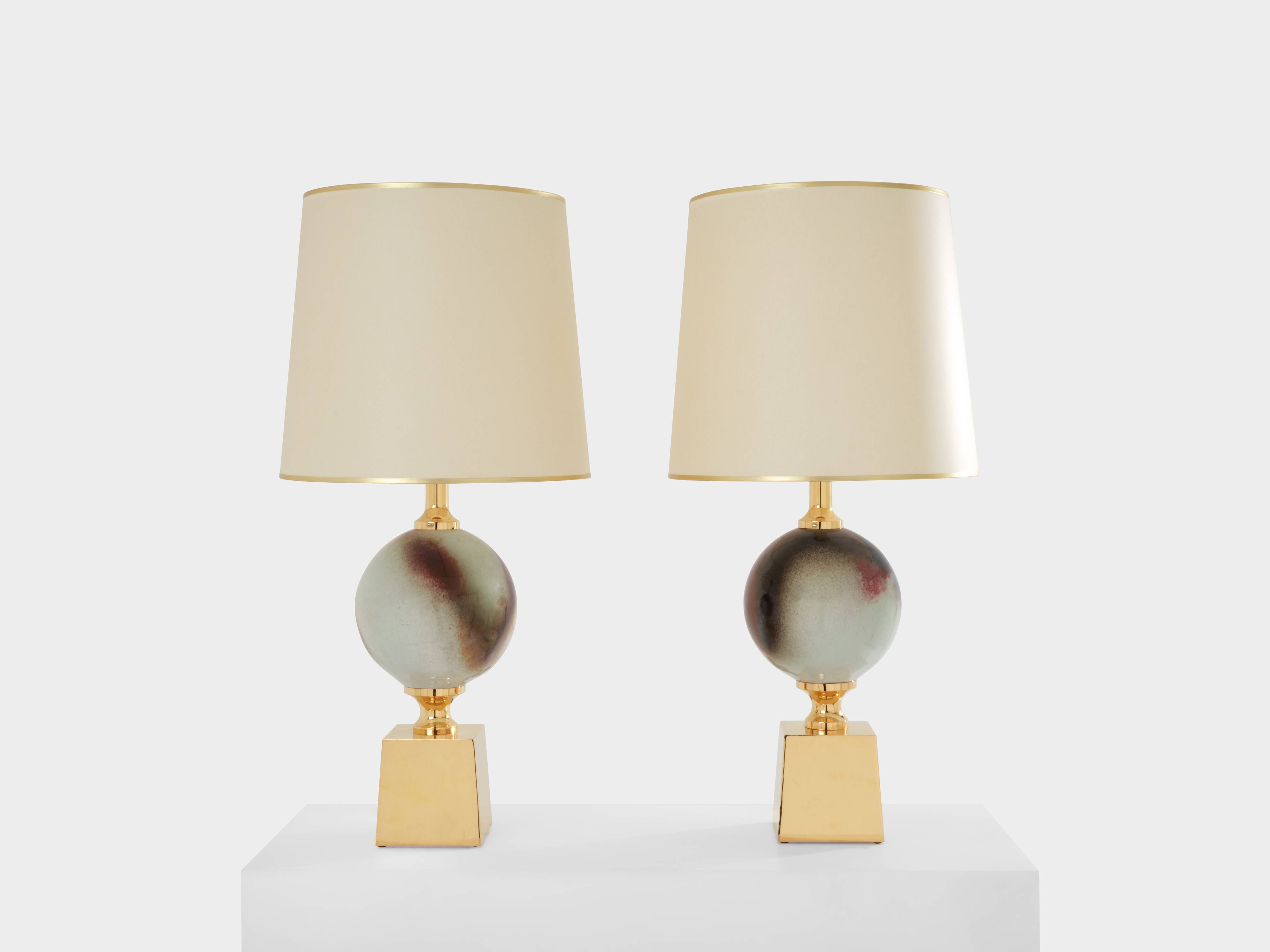 Pair of ceramic and brass lamps by Philippe Barbier, 1970s