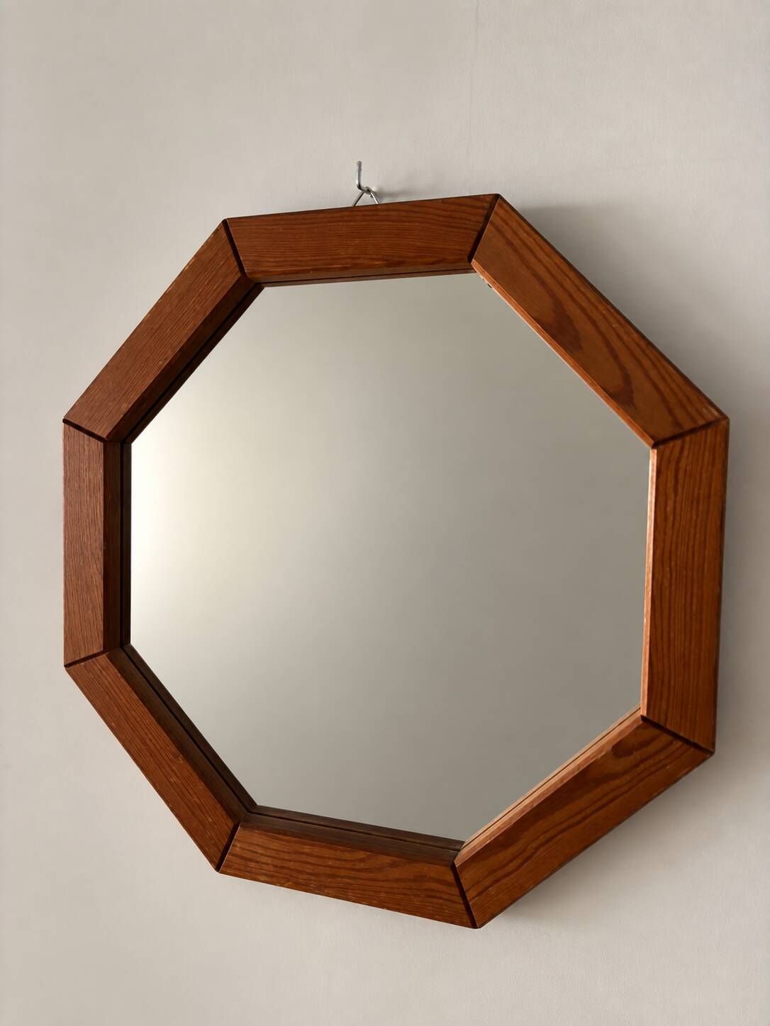 Vintage Octagonal Wooden Wall Mirror – 1970s Geometric Design