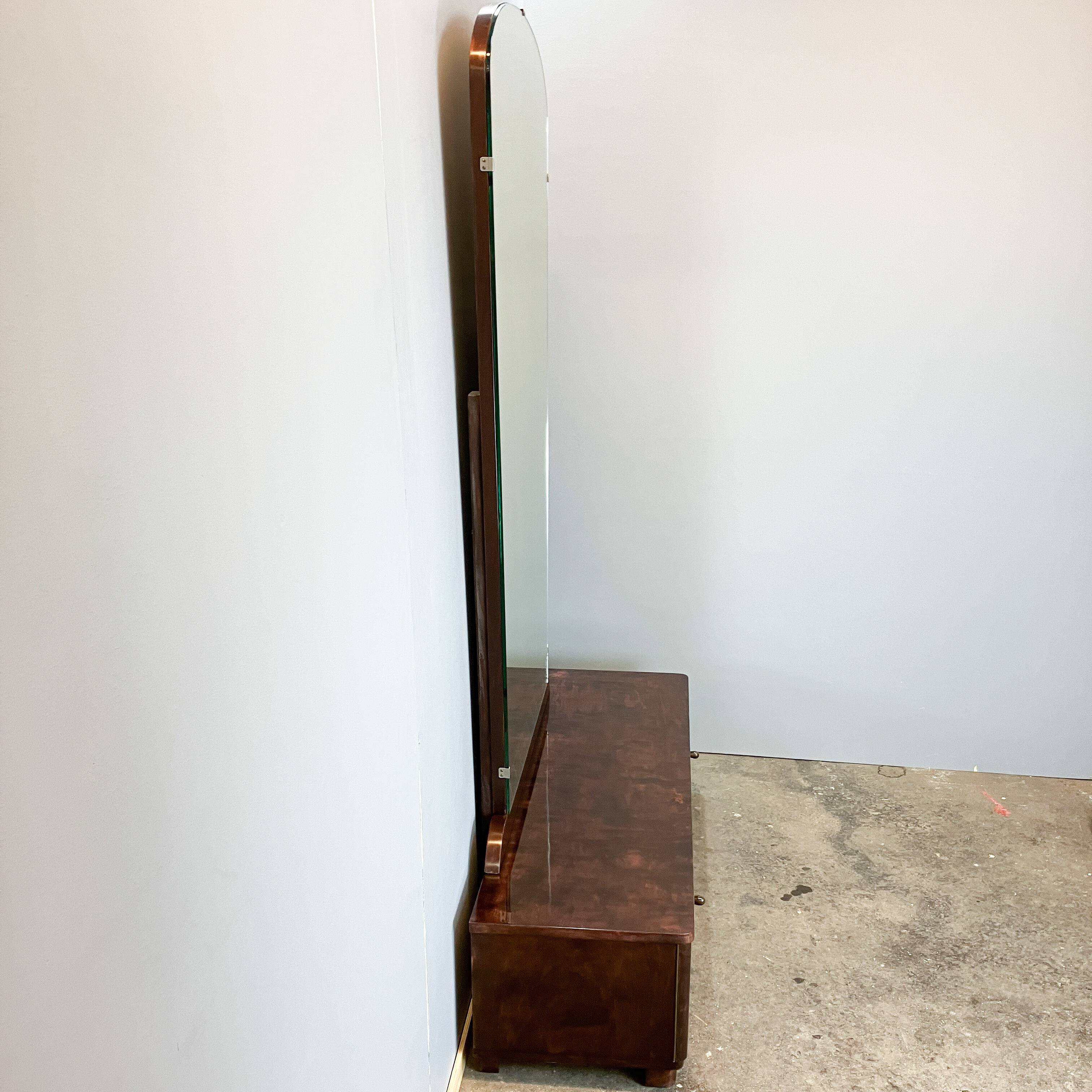 Mirror chest of drawers, flamed birch stained, vintage from the 50s