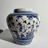 Blue and white Portuguese handmade vase with stylized pastoral pattern H:12,5cm