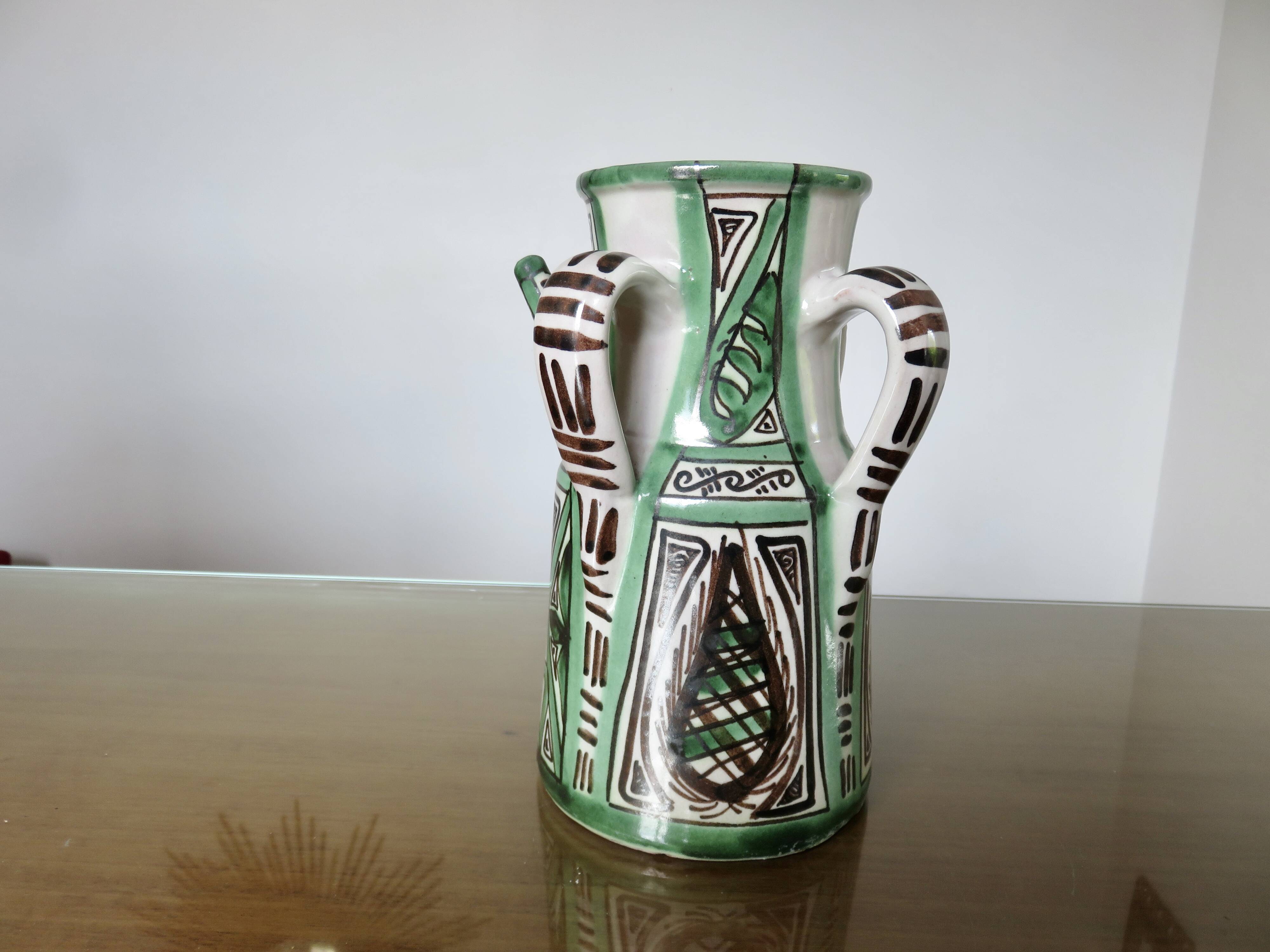 Domingo Punter, large pitcher with 3 handles, ceramic, signed, Spain 1960