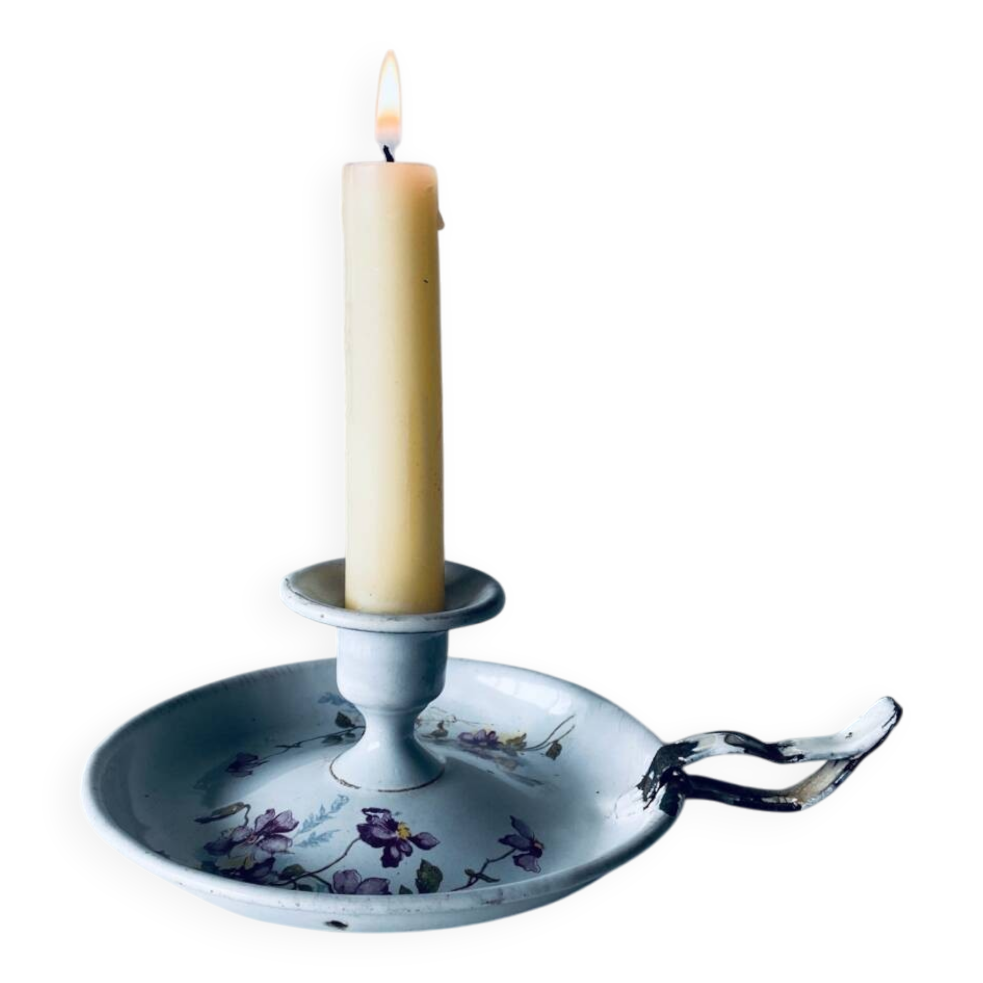 Antique enamelled metal candle holder