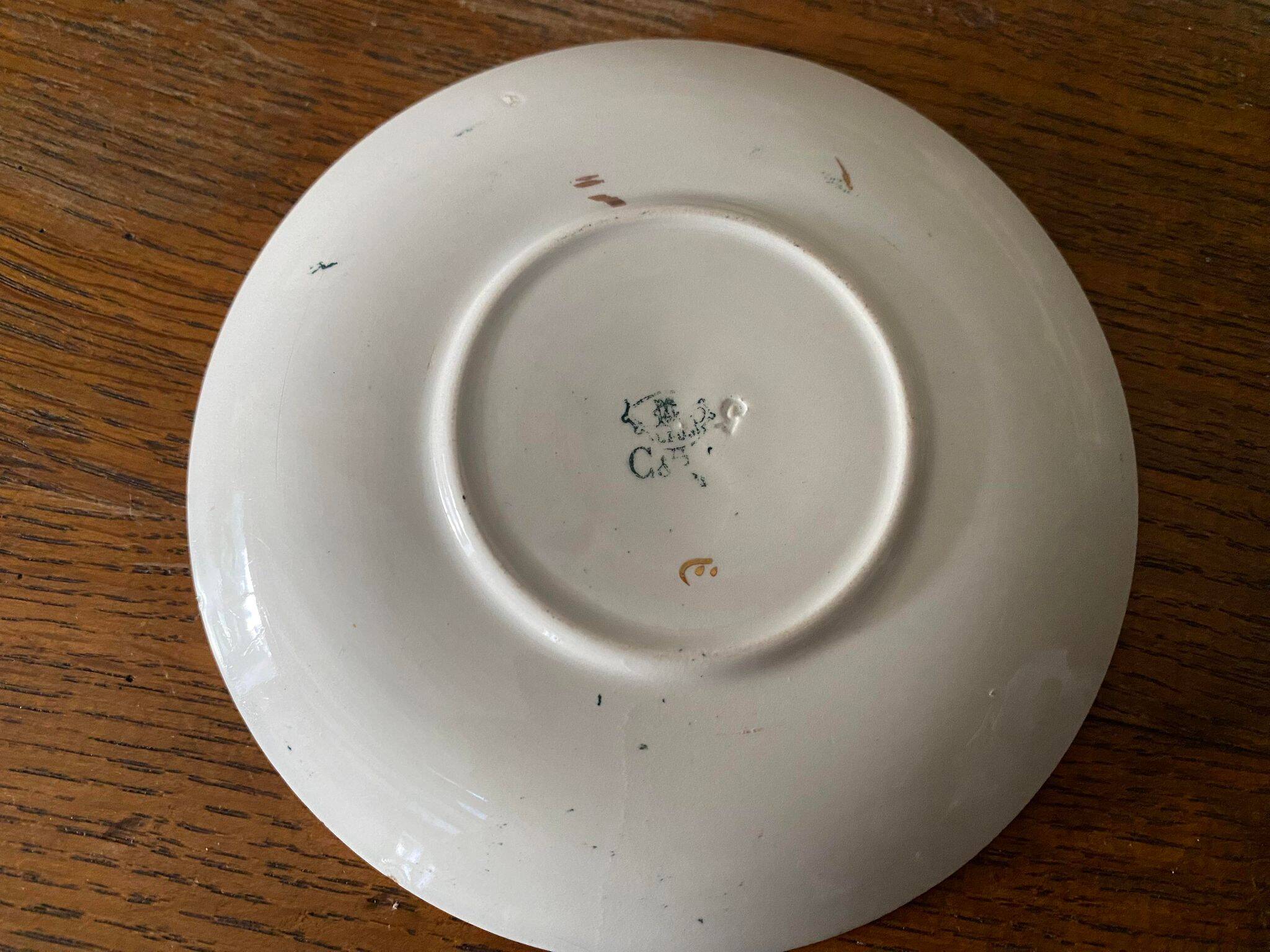 Creil et Montereau cup and saucer green and gold floral pattern