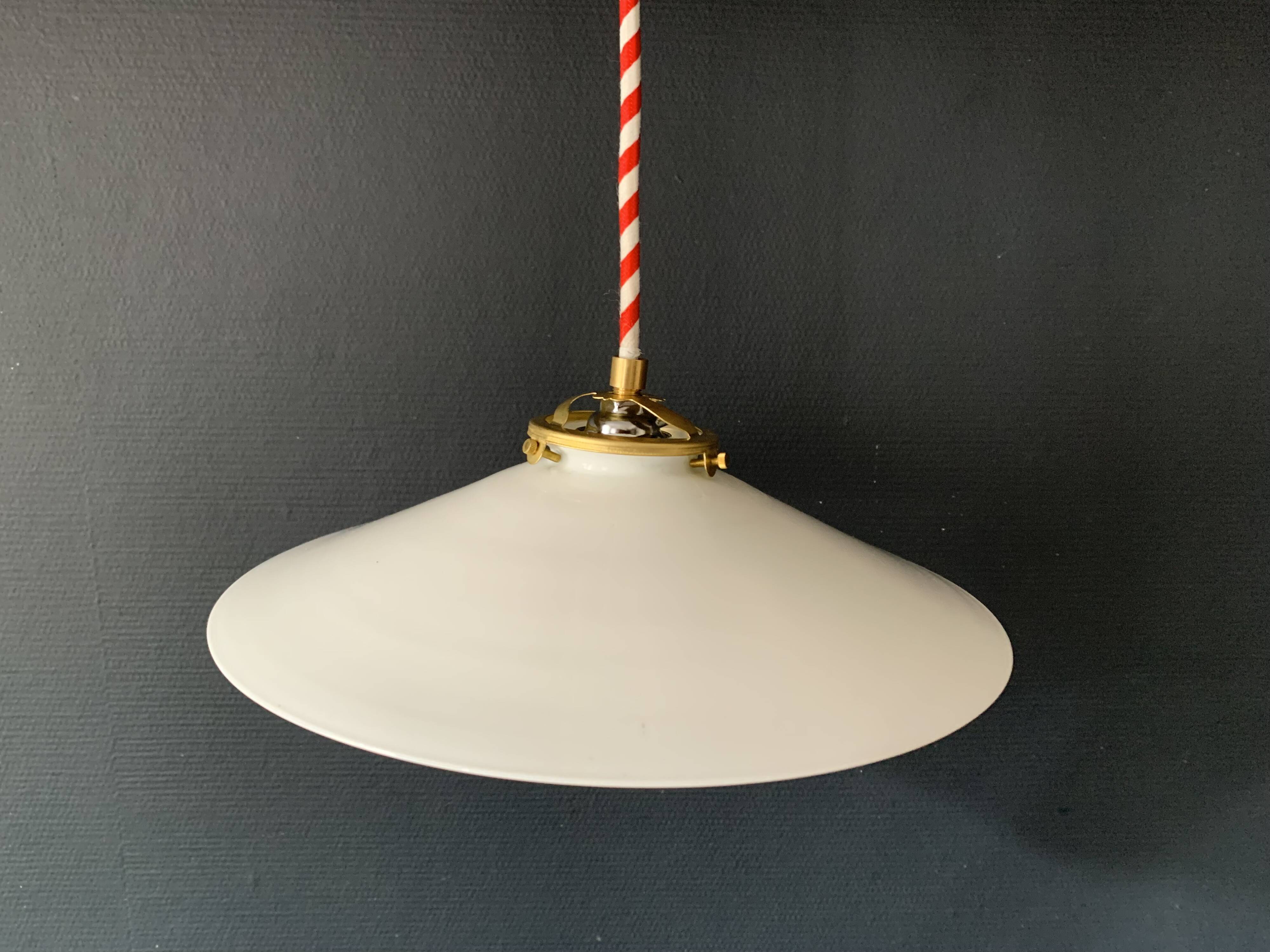 White opaline pendant light and handmade antique crochet lampshade