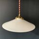 White opaline pendant light and handmade antique crochet lampshade