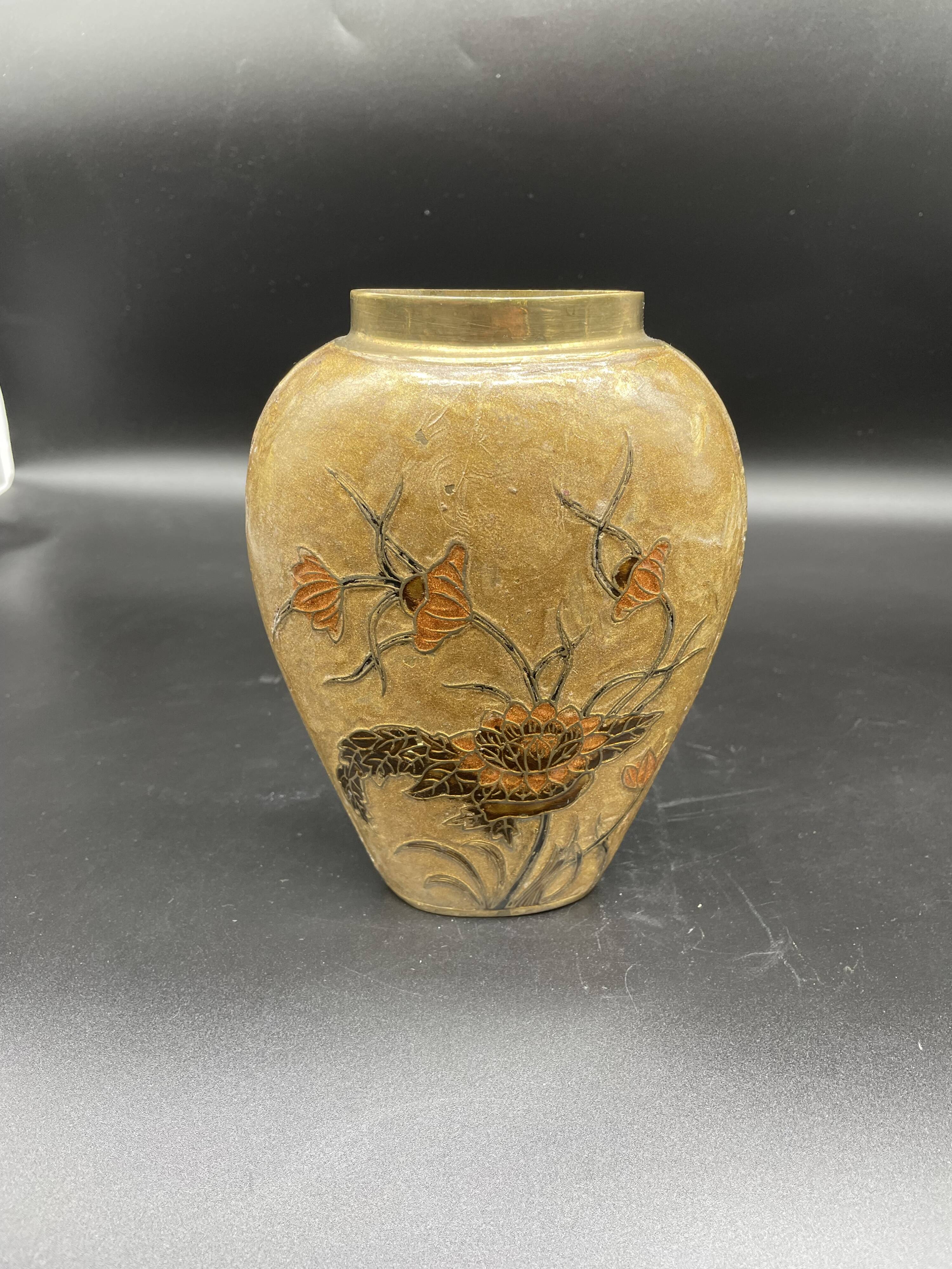 Vase, oblong shape, solid brass, bronze color, cloisonné enamel, floral decoration, flower, orange