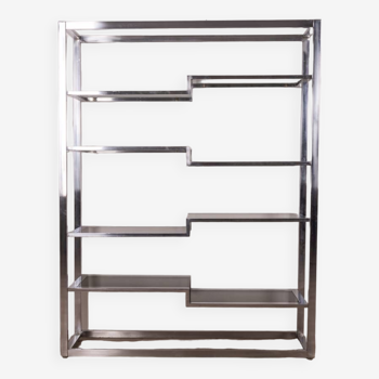 Vintage 70's bookcase in chromed metal and glass, italian design