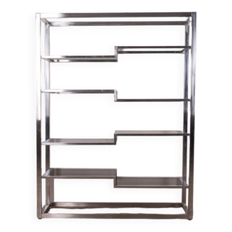 Vintage 70's bookcase in chromed metal and glass, italian design