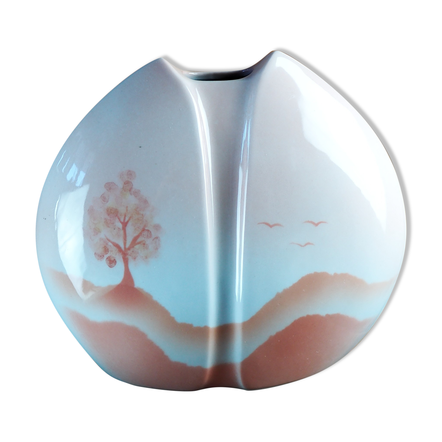 Pink lens vase, poetic landscape tree & flight of birds - Yves Mohy, porcelain of Virebent - ann