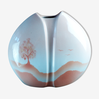 Pink lens vase, poetic landscape tree & flight of birds - Yves Mohy, porcelain of Virebent - ann