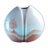 Pink lens vase, poetic landscape tree & flight of birds - Yves Mohy, porcelain of Virebent - ann