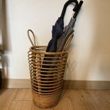 Vintage rattan umbrella stand made of bamboo and rattan from the 60s with two handles