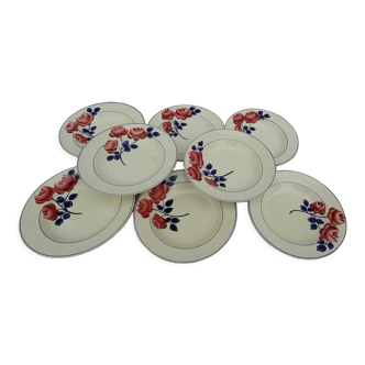 8 assiettes creuses en faïence H B C M Creil Montereau modèle roses rouge diam 22 cm