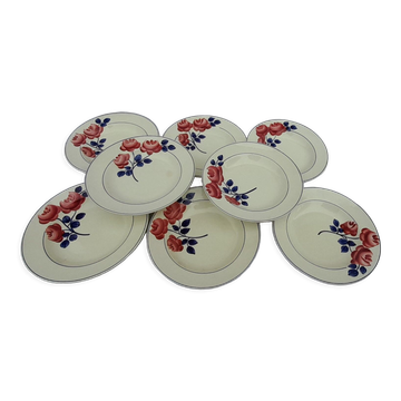 8 hollow earthenware plates H B C M Creil Montereau model roses red diam 22 cm