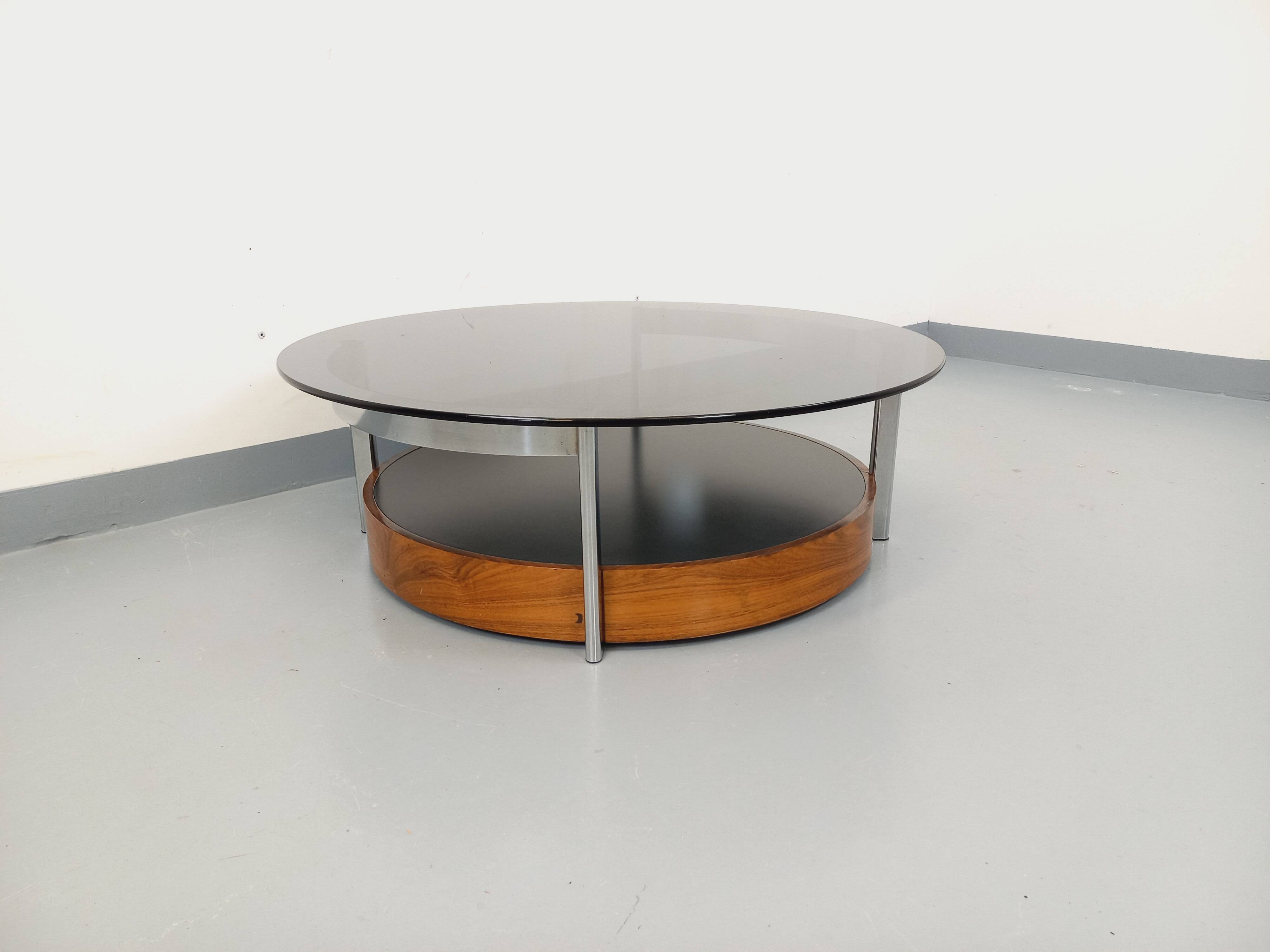 Vintage Italian round coffee table in rosewood, chrome metal, glass.