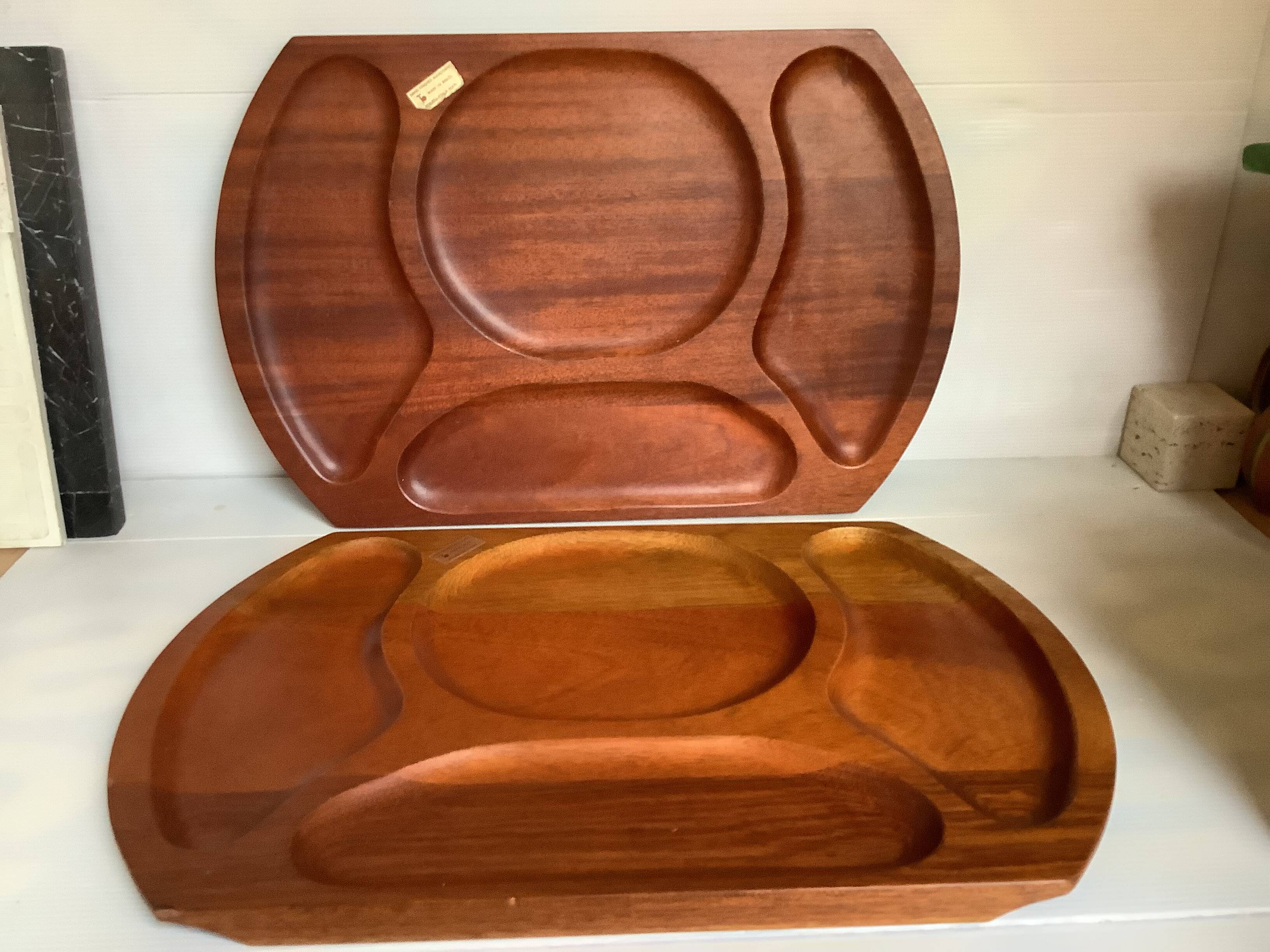Pair of wooden snack meal trays with compartments.