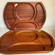 Pair of wooden snack meal trays with compartments.