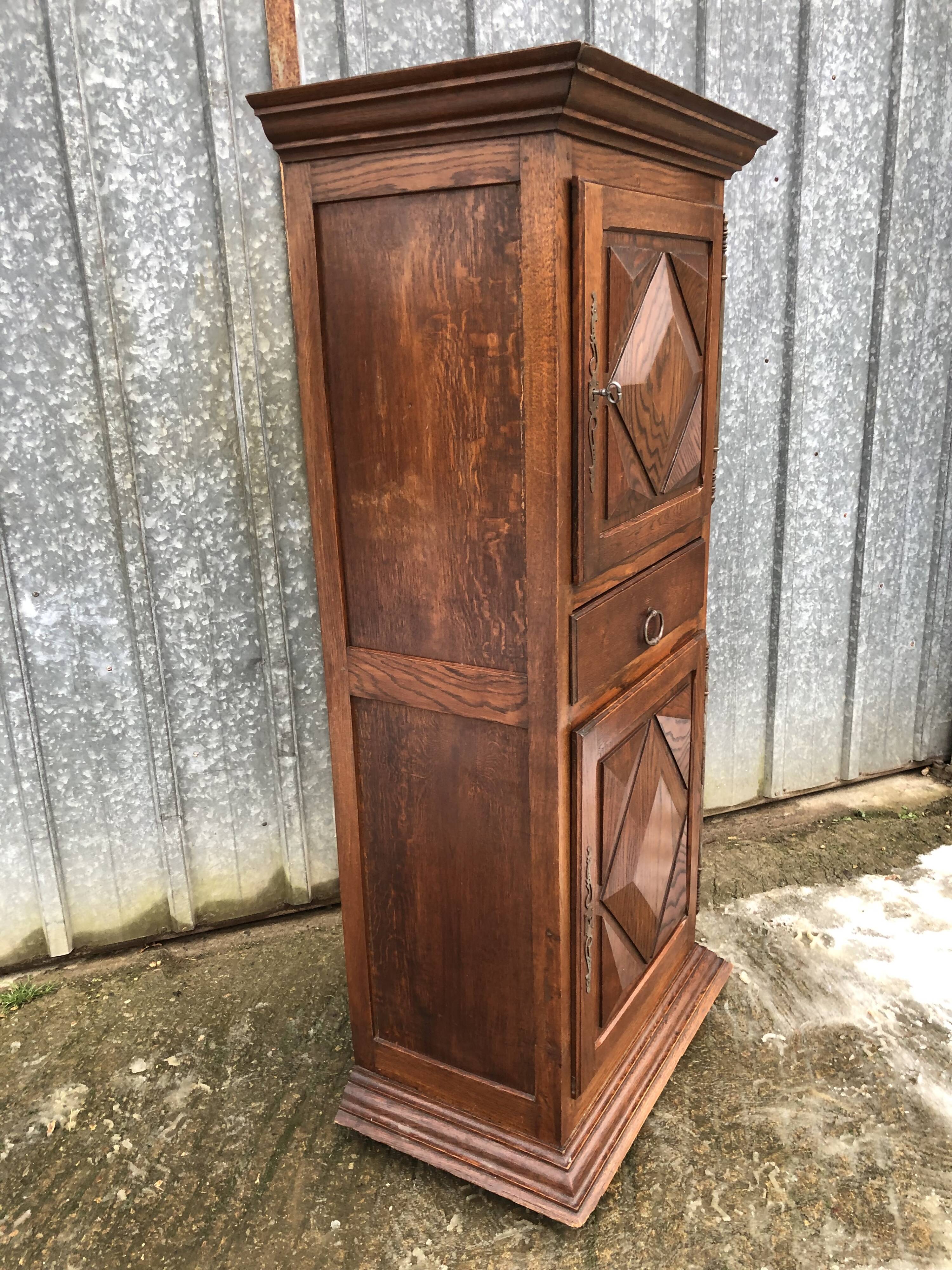 Solid oak wardrobe with 2 doors and 1 drawer in neo Louis XIII style.
