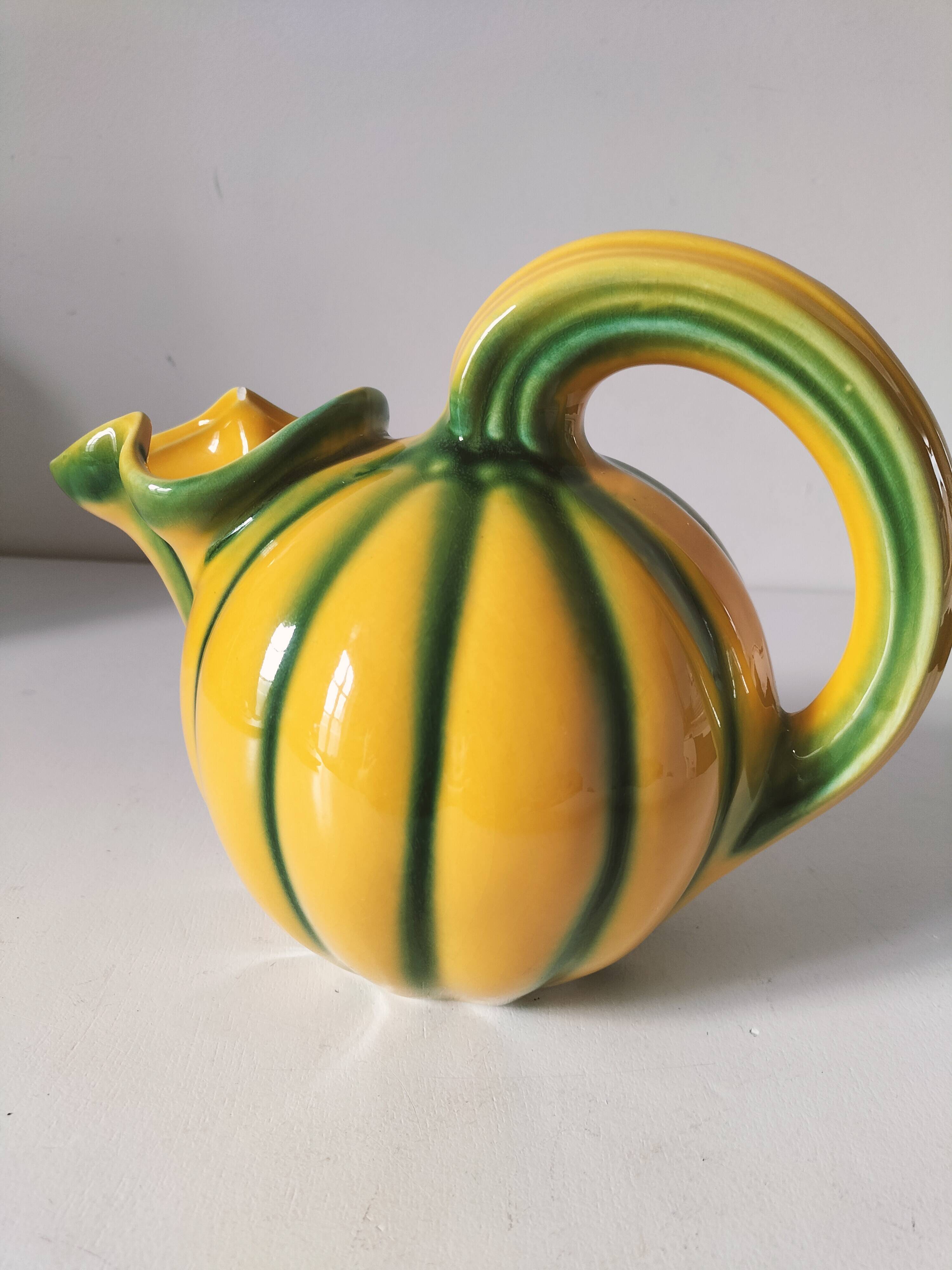 Vintage yellow and green earthenware melon-shaped pitcher – 1950s