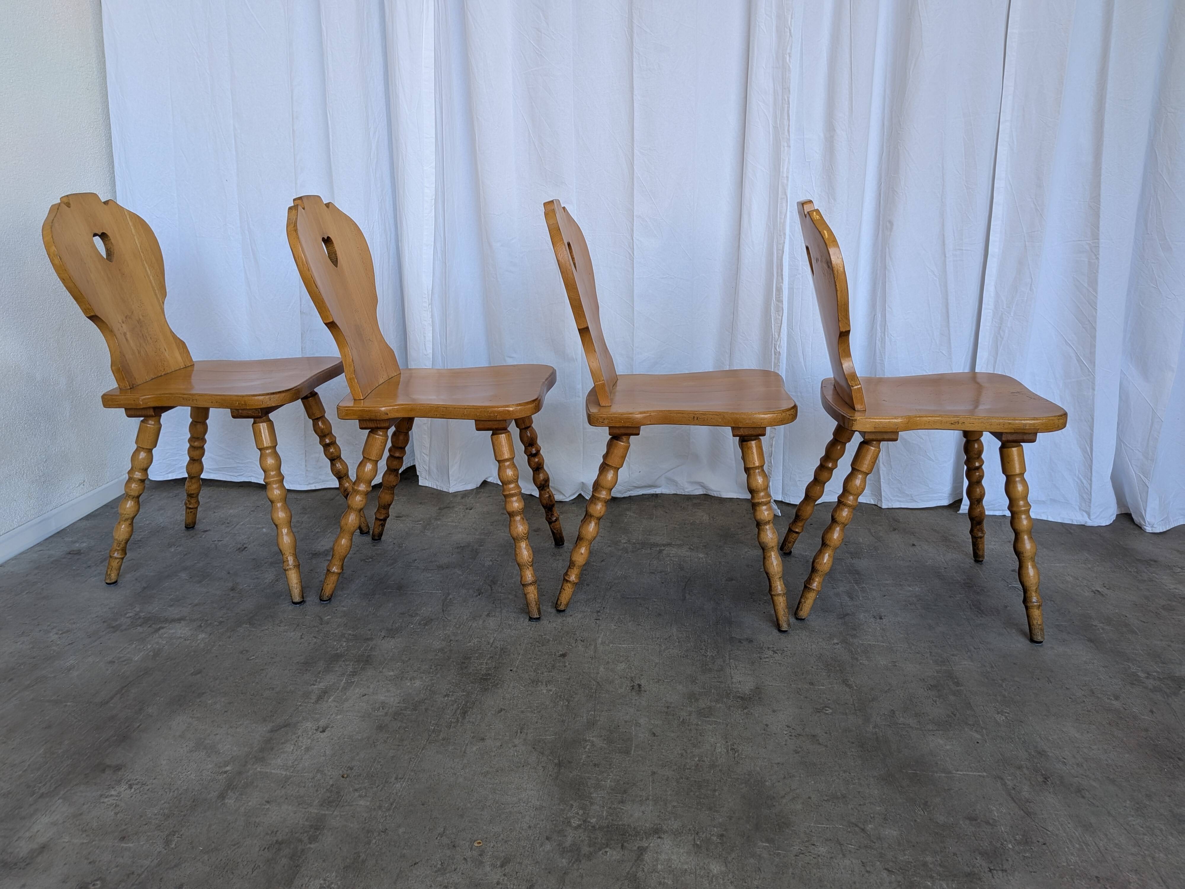 Set of 4 Vintage Tyrolean Heart Cutout Wooden Dining Chairs