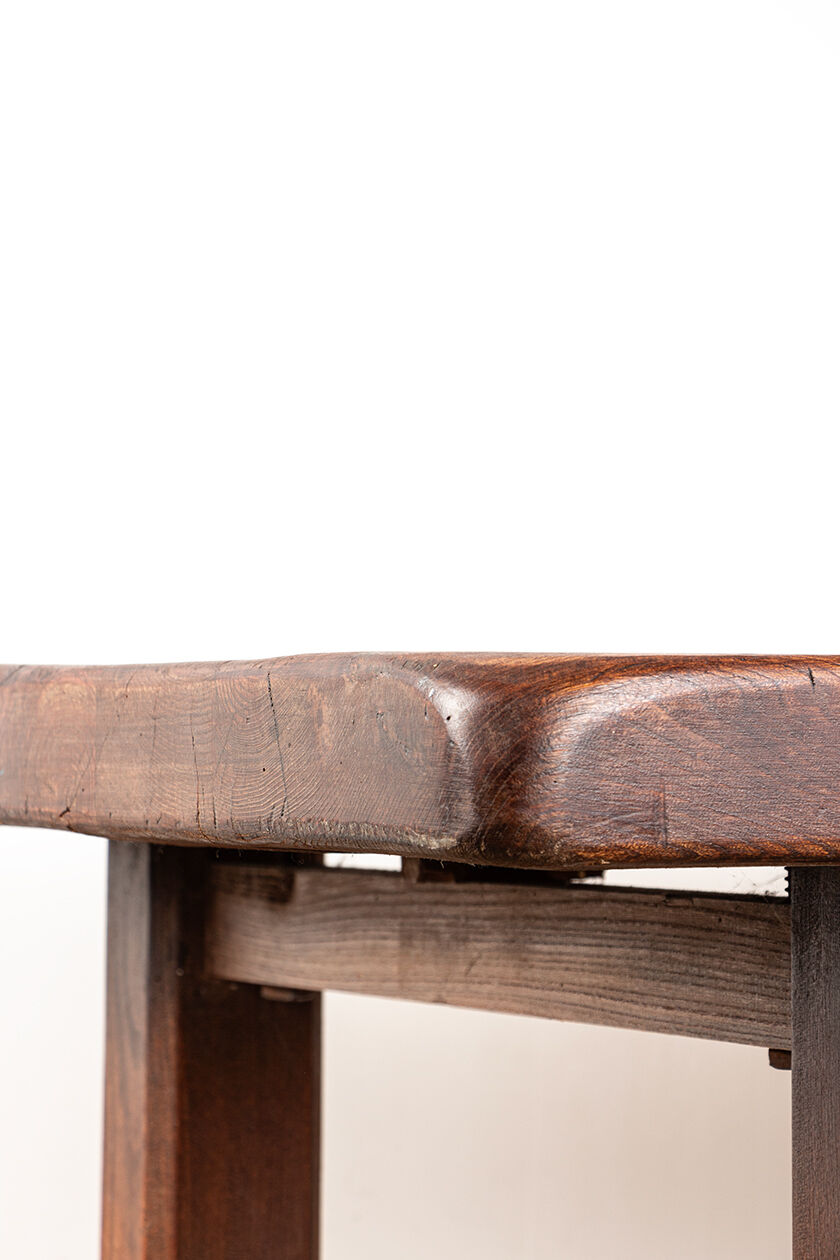 Large brutalist dining table in solid Elm, inspired by Olavi Hanninen, 1960.