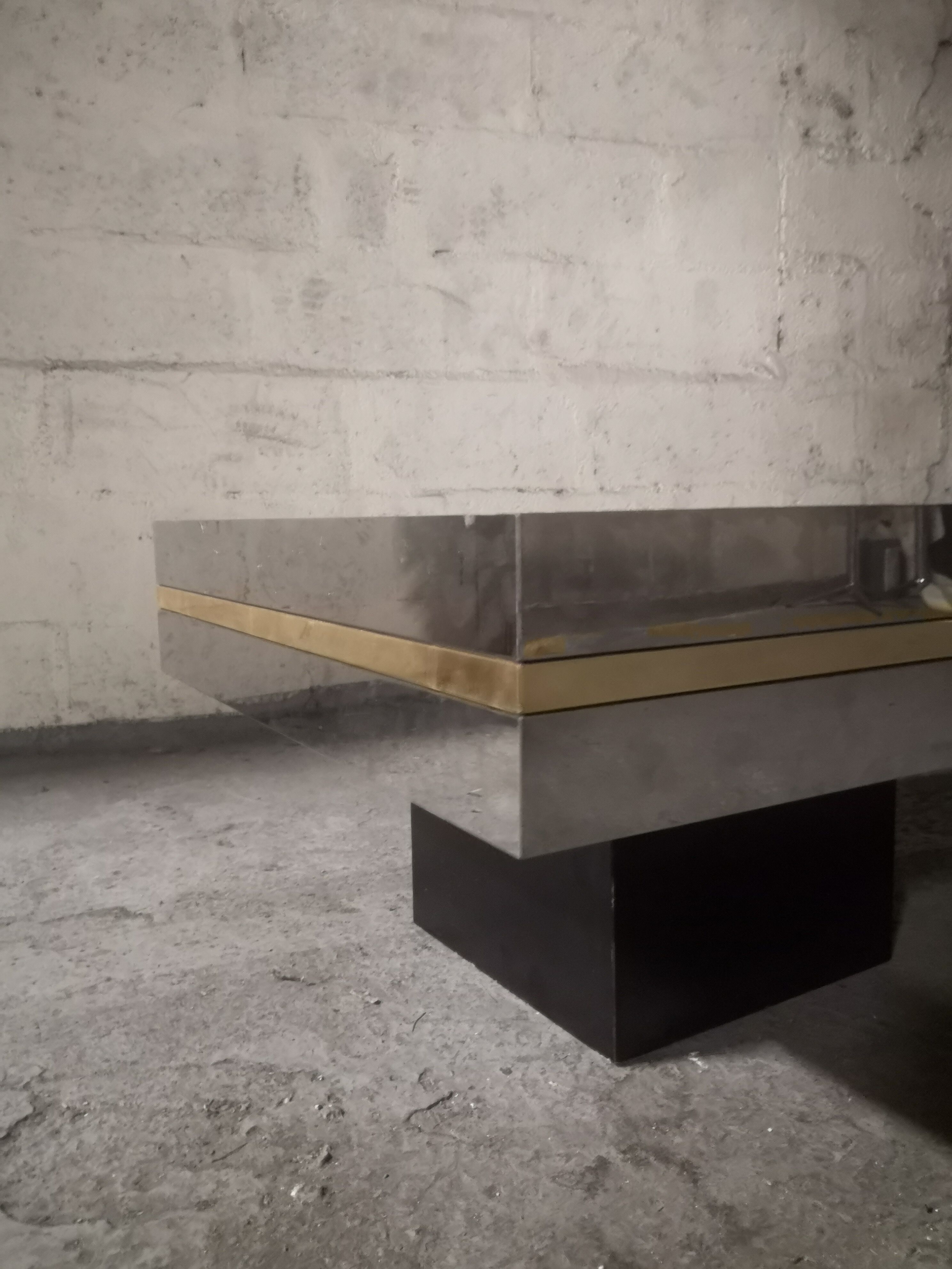 Coffee table design smoked mirror and steel sheet, belgium 1970