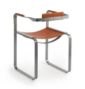 Armchair, aged silver steel and natural tobacco saddle leather.