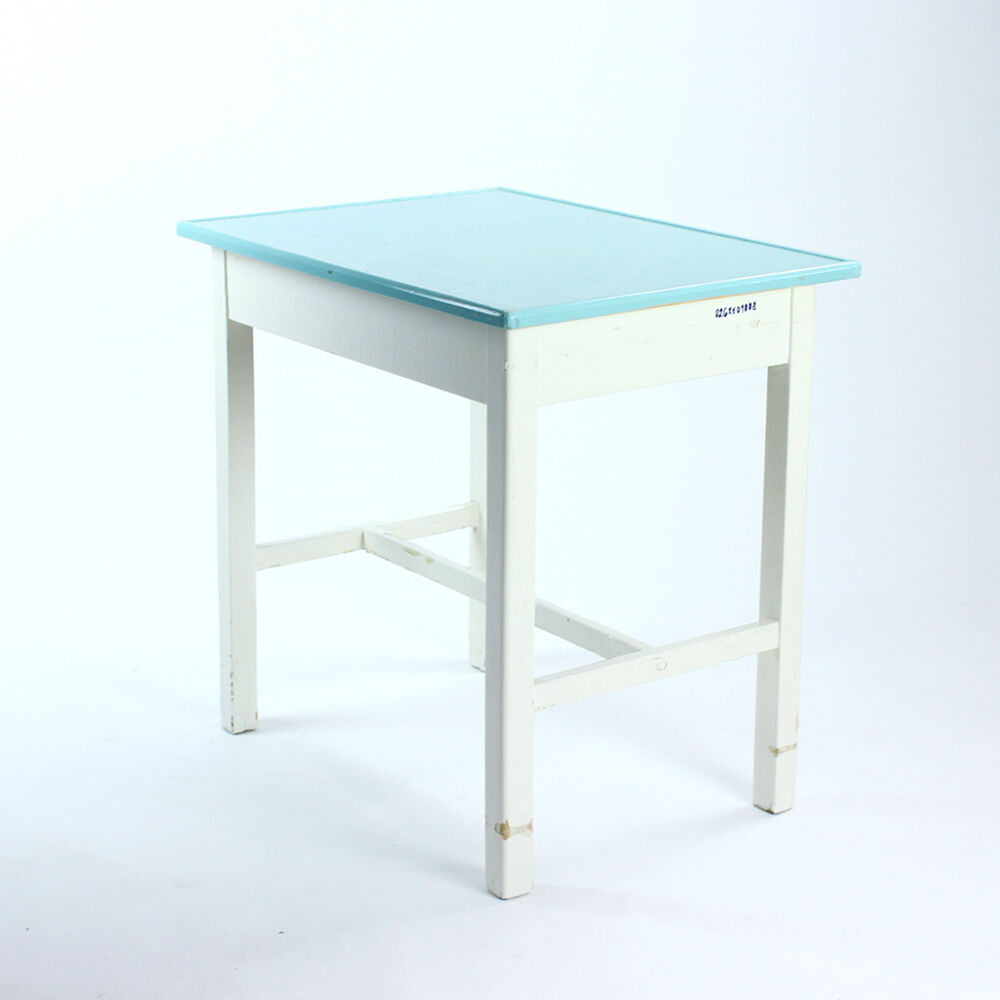 Table de ferme en bois blanc et turquoise tchécoslovaque, années 1950