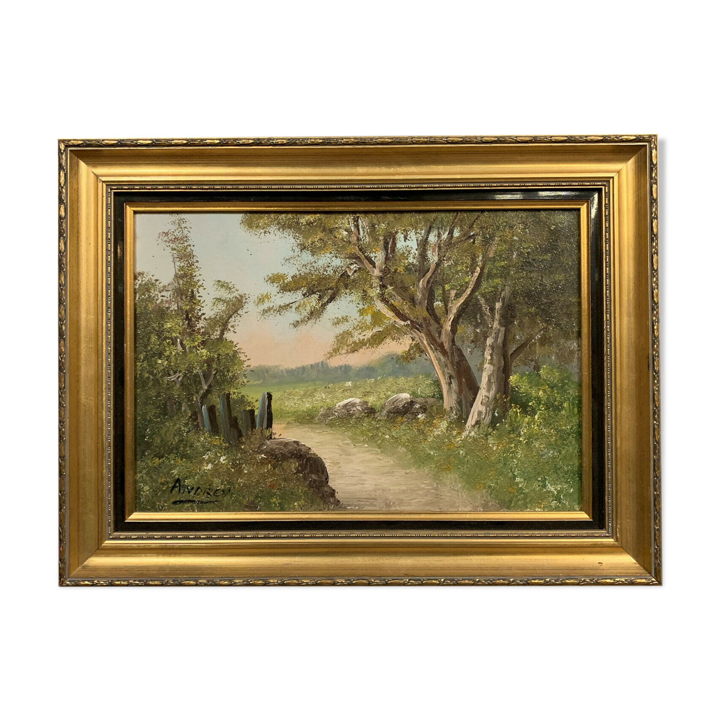 Barbizon School: oil on canvas by Louis ANDREY / the path to the edge of the wood