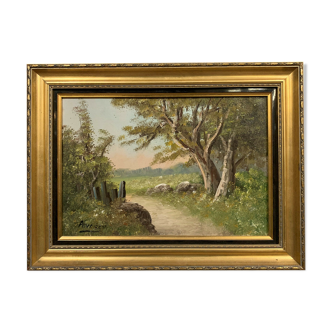 Barbizon School: oil on canvas by Louis ANDREY / the path to the edge of the wood