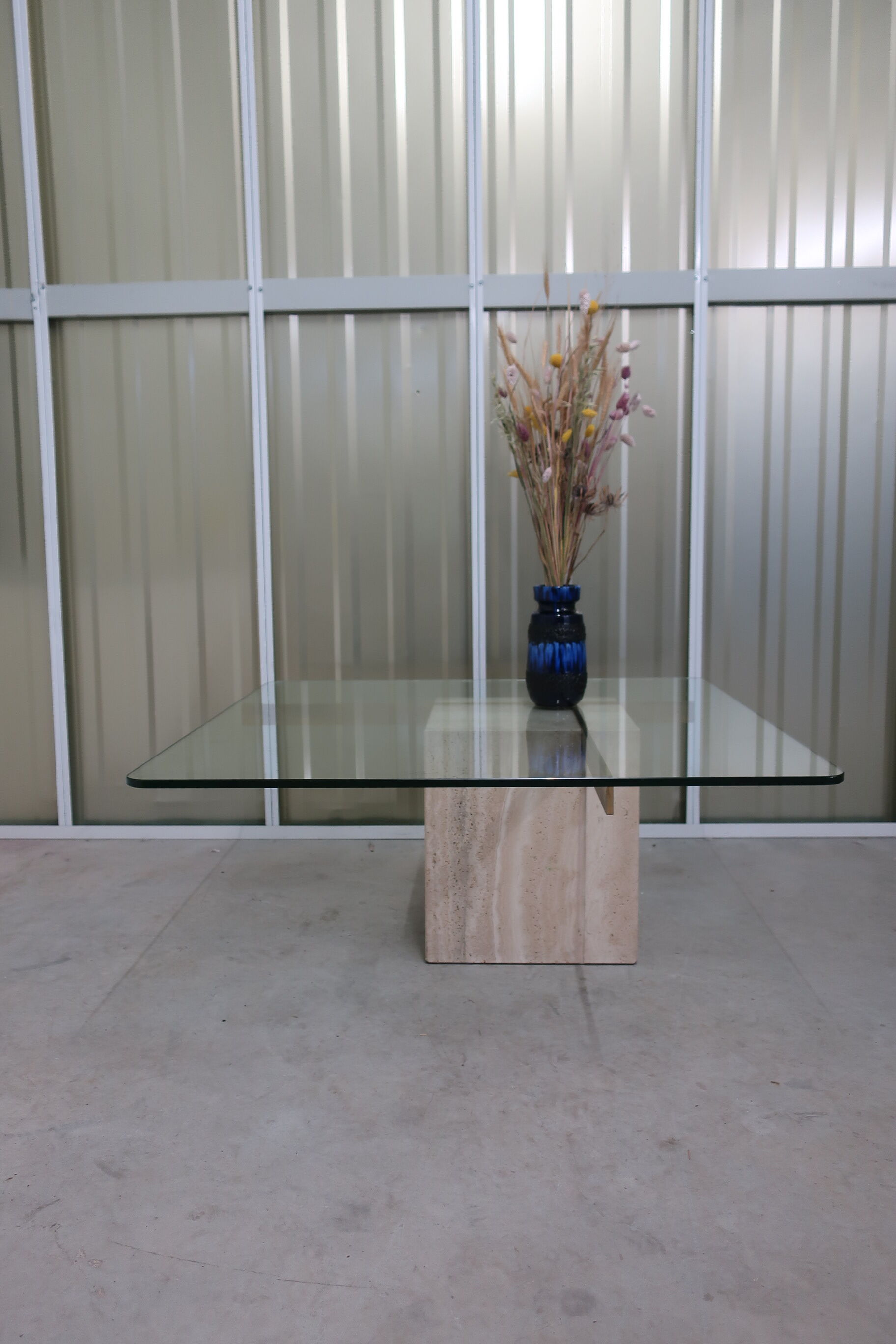 70s travertine and brass coffee table