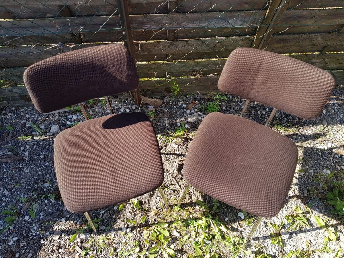Pair of Vintage 1970s Chrome Metal Chairs with Brown Fabric #D