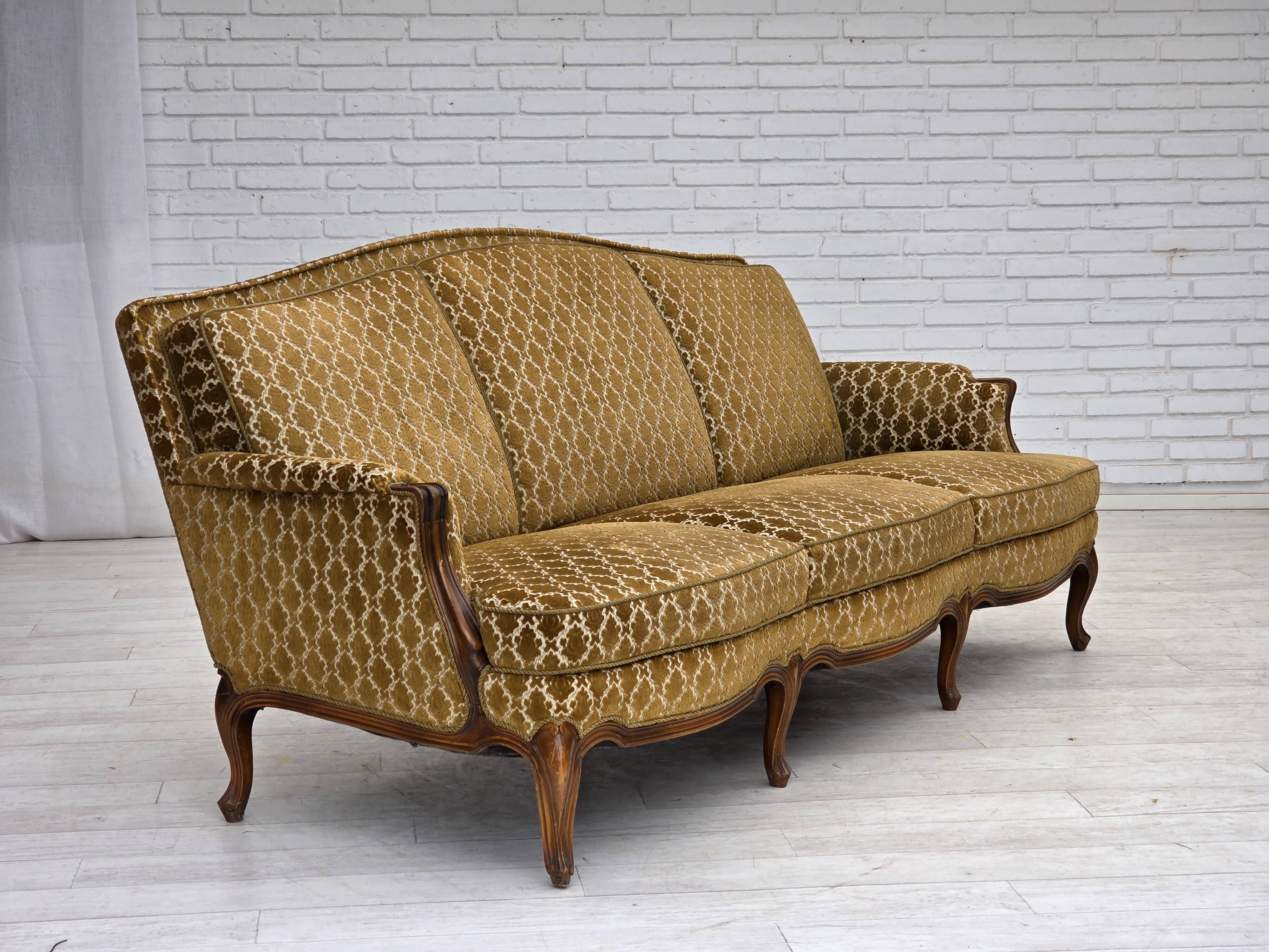 1950s, Danish 3-seater sofa, furniture velour, carved ash wood.