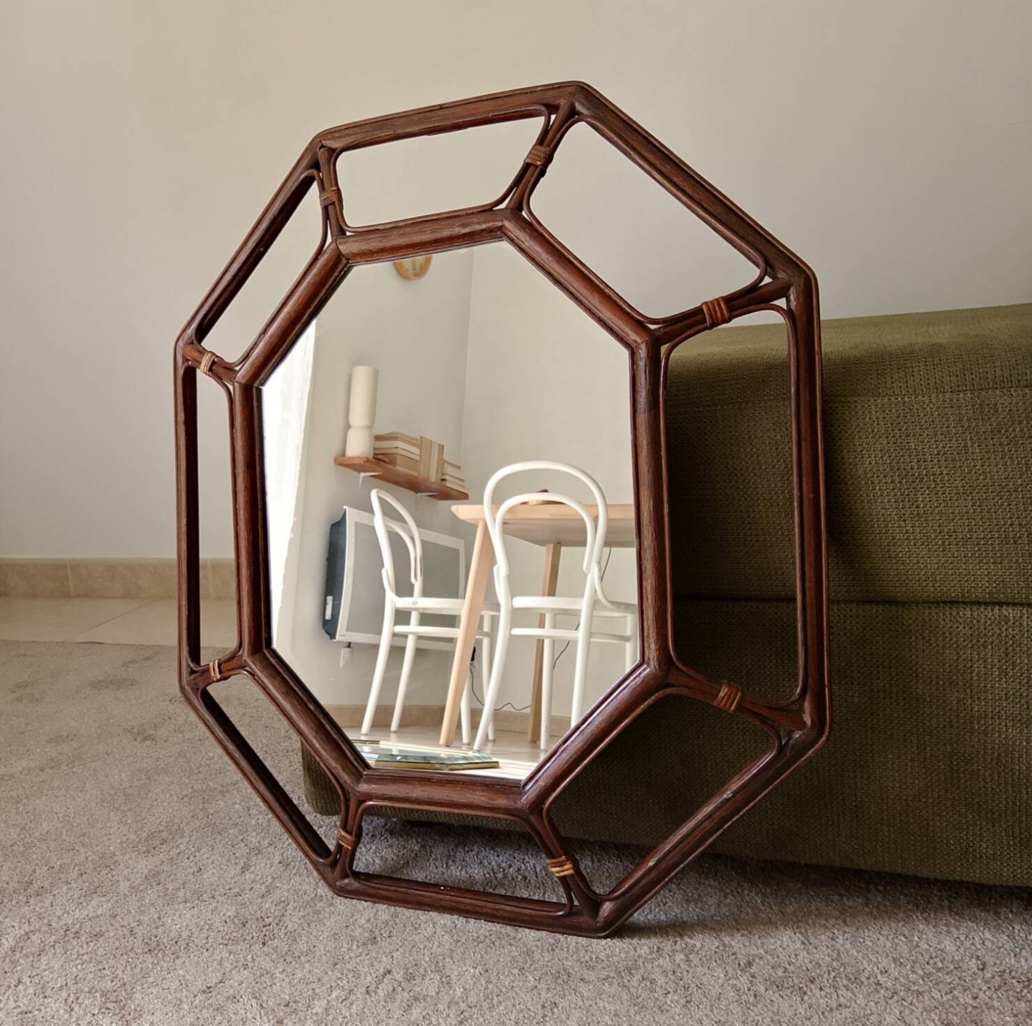 Vintage Italian mirror bamboo and rattan Riviera bohemian chic 1970s