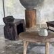 Stool, tabouret or low Japanese-style armchair in brutalist monoxyle radica.